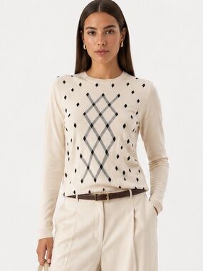 Lizgolf Ivory Argyle Diamond Knit Sweater Size Small